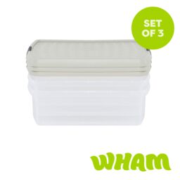 Wham Clip 3x 13.2L Square Plastic Storage Boxes with Clip Lock Lids in Stone - thumbnail 1