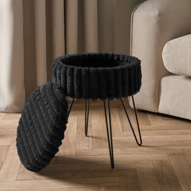 OHS Ribbed Fleece Faux Fur Hairpin Stool Vanity Seat Ottoman Footrest in Black - image 1