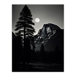 "Artery8 Wall Art Print Full Moon Rising over Half Dome Black & White Poster Picture in Grey - Size: W18"" x H24""" - thumbnail 1