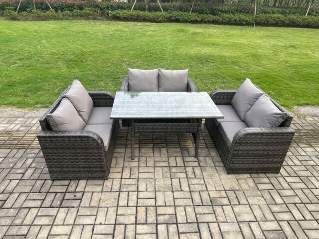Fimous Wicker PE Rattan Sofa Outdoor Garden Furniture Set with Rectangular Dining Table Dark Grey Mixed - image 1