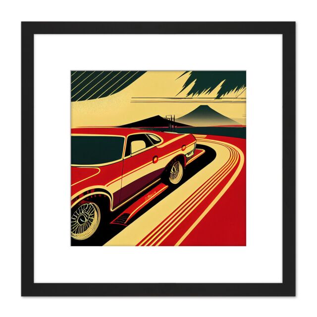 Artery8 Japan Retro Muscle Car Mount Fuji Illustration Classic Square Wooden Framed Wall Art Print Picture 8X8 Inch in Black - image 1