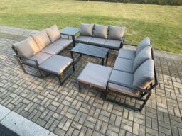 Fimous Aluminium Outdoor Garden Furniture Set Lounge Sofa Oblong Coffee Table 2 PC Big Footstool Side Table Sets with Cushions Dark Grey - thumbnail 2