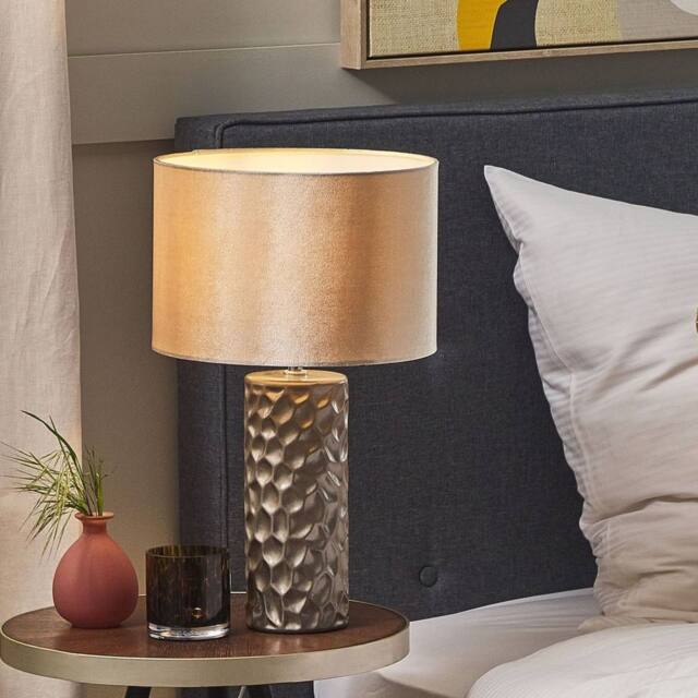Wyld and Coco Gold Ceramic Table Lamp 50cm Velvet Geometric Shade - image 1
