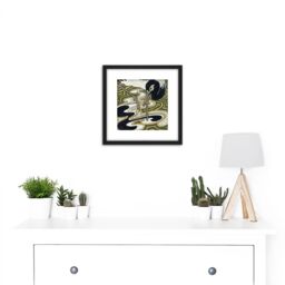 Artery8 Bert Nienhuis I Bird Crane Columbines Painting 8X8 Inch Square Wooden Framed Wall Art Print Picture with Mount in Black - thumbnail 2