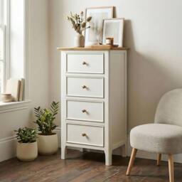 FurnitureboxUK Belle 4 Drawer Tall & Slim Solid Oak & Cream Small Chest of Drawers