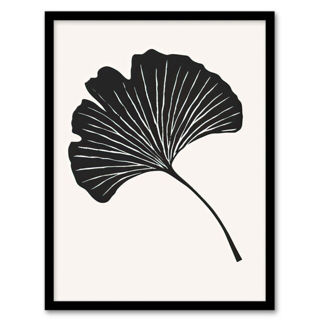 "Artery8 Single Ginkgo Leaf Bold Black on White Painting Framed Art Print - Size: W12"" x H16""" - image 1