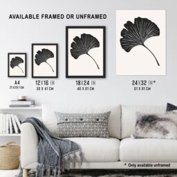 "Artery8 Single Ginkgo Leaf Bold Black on White Painting Framed Art Print - Size: W12"" x H16""" - thumbnail 3