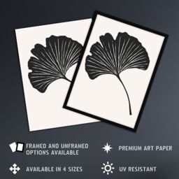 "Artery8 Single Ginkgo Leaf Bold Black on White Painting Framed Art Print - Size: W12"" x H16""" - thumbnail 2