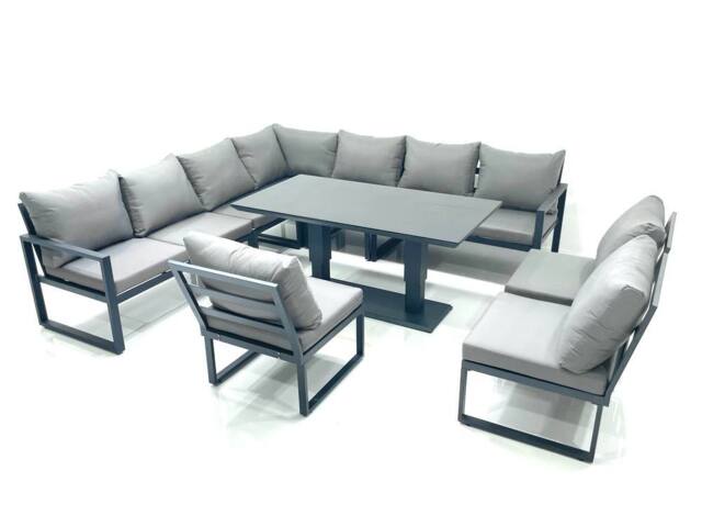 Fimous 10 Seater Outdoor Aluminum Garden Furniture Set Corner Sofa Rising Lifting Dining Table Sets Dark Grey