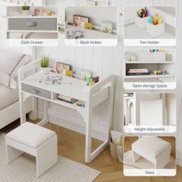 VOGREX Desk & Chair Set Study Desk Wooden Writing Table in White - thumbnail 6