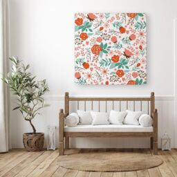 "Warren Reed - Designer Orange Floral Pattern Canvas in Green - Size: W30"" x H30""" - thumbnail 3