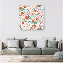 "Warren Reed - Designer Orange Floral Pattern Canvas in Green - Size: W30"" x H30""" - thumbnail 4