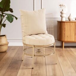 Orsina Luxurious Gold Finish Chair With Cushion, Fabric Upholstered Arm Chair For Bedroom, Stylish Armchair in Rose Gold - thumbnail 1
