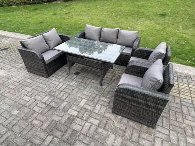 Fimous 7 Seater Dark Grey PE Rattan Garden Furniture Set Reclining Chair Love Seat 3 Seater Sofa Set Dining Table - image 1