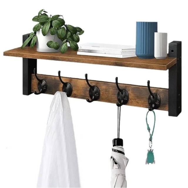 EONLION Wall Mounted Coat Rack 5 Hooks Rack Shelf in Brown - Size: 500mm - image 1