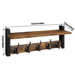 EONLION Wall Mounted Coat Rack 5 Hooks Rack Shelf in Brown - Size: 500mm - thumbnail 2