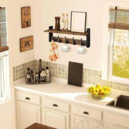 EONLION Wall Mounted Coat Rack 5 Hooks Rack Shelf in Brown - Size: 500mm - thumbnail 5