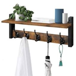 EONLION Wall Mounted Coat Rack 5 Hooks Rack Shelf in Brown - Size: 500mm - thumbnail 1
