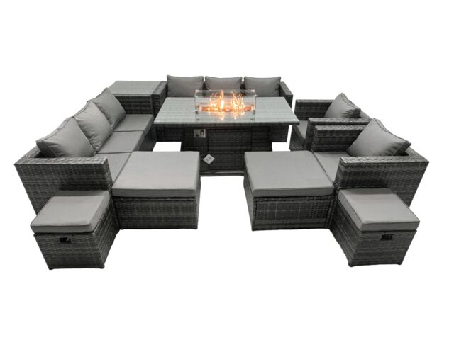 Fimous Rattan Garden Furniture Firepit Dining Set 12 Seater Lounge Sofa Table Set with side table 2 big Footstool in Dark Grey - image 1