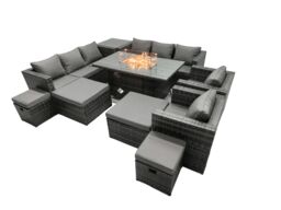 Fimous Rattan Garden Furniture Firepit Dining Set 12 Seater Lounge Sofa Table Set with side table 2 big Footstool in Dark Grey - thumbnail 2