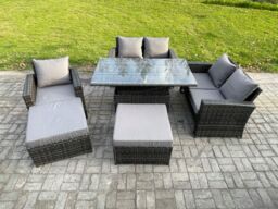 Fimous 7 Seater Wicker Rattan Garden Furniture Rising Table Set with 2 Big Footstool Double Seat Sofa Armchairs Dark Grey Mixed - thumbnail 1