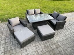 Fimous 7 Seater Wicker Rattan Garden Furniture Rising Table Set with 2 Big Footstool Double Seat Sofa Armchairs Dark Grey Mixed - thumbnail 2