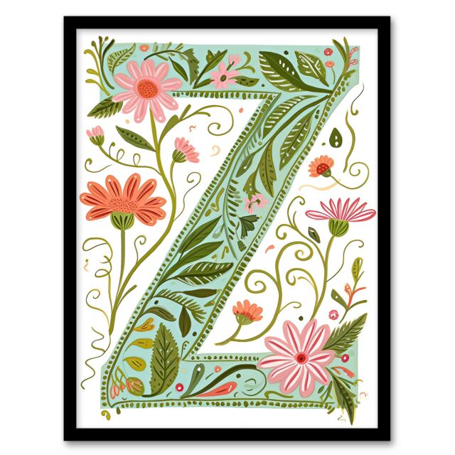 Artery8 Women's Wall Art Print Letter Z in Bright Watercolour Pretty Wildflowers Floral Word Art Framed - Size: A4 - image 1