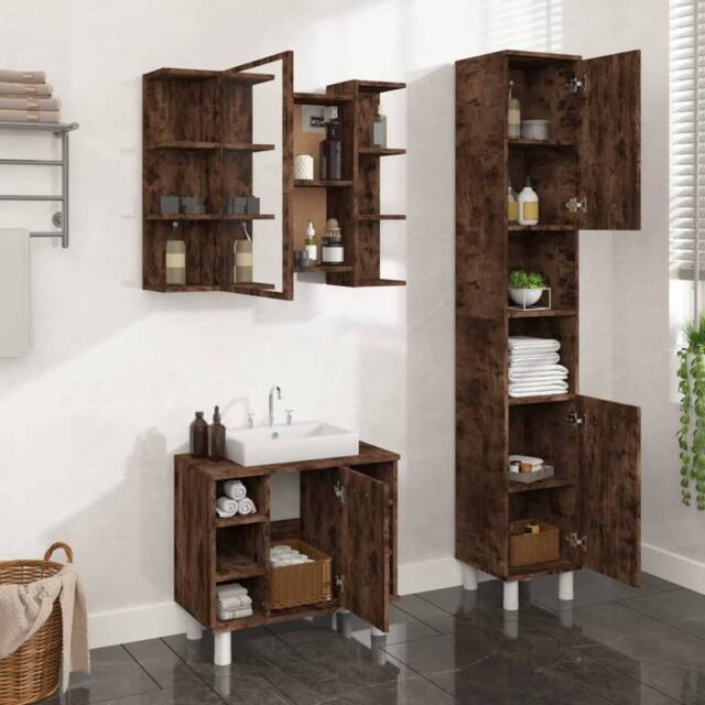 Berkfield Home 3 Piece Bathroom Cabinet Set Smoked Oak Engineered Wood in Brown - image 1