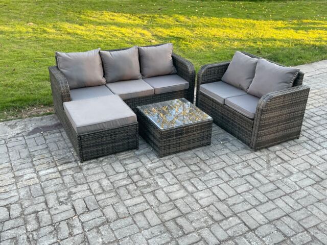 Fimous PE Rattan Garden Furniture Sets 6 Seater Outdoor Lounge Sofa Set Square Coffee Table Big Footstool in Dark Grey - image 1