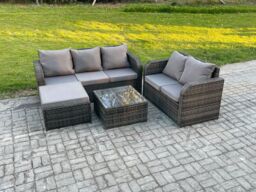 Fimous PE Rattan Garden Furniture Sets 6 Seater Outdoor Lounge Sofa Set Square Coffee Table Big Footstool in Dark Grey - thumbnail 2