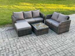 Fimous PE Rattan Garden Furniture Sets 6 Seater Outdoor Lounge Sofa Set Square Coffee Table Big Footstool in Dark Grey - thumbnail 1