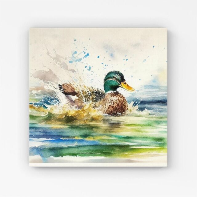 Warren Reed - Designer Splashing Mallard Watercolour Canvas in Brown - Size: w10 inch x h10 inch - image 1