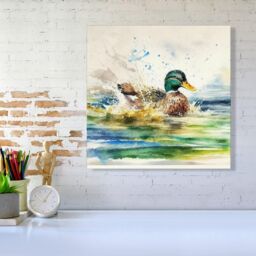 Warren Reed - Designer Splashing Mallard Watercolour Canvas in Brown - Size: w10 inch x h10 inch - thumbnail 2