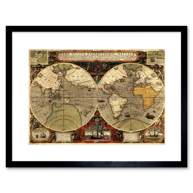 "Artery8 Map Antique Hemisphere Globe Worlds Home Decor 12x16"" Framed Art Print in Brown - Size: W12"" x H16""" - image 1