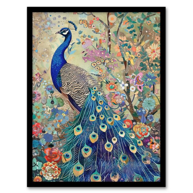 "Artery8 Detailed Blue Peacock Wildflower Forest Painting Framed Art Print in Green - Size: W12"" x H16""" - image 1