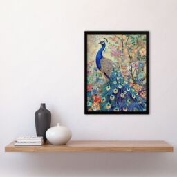 "Artery8 Detailed Blue Peacock Wildflower Forest Painting Framed Art Print in Green - Size: W12"" x H16""" - thumbnail 4