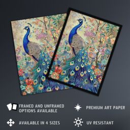 "Artery8 Detailed Blue Peacock Wildflower Forest Painting Framed Art Print in Green - Size: W12"" x H16""" - thumbnail 2