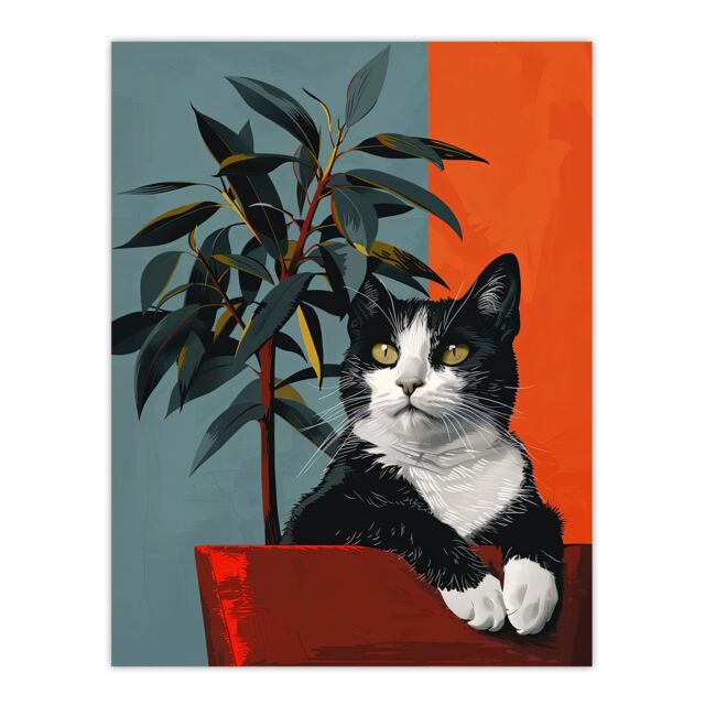 "Artery8 Wall Art Print Tuxedo Cat Portrait Sitting in Plant Pot Poster in Orange - Size: W18"" x H24""" - image 1