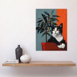 "Artery8 Wall Art Print Tuxedo Cat Portrait Sitting in Plant Pot Poster in Orange - Size: W18"" x H24""" - thumbnail 4