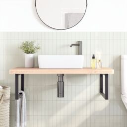 Berkfield Home Basin Shelf Wall Mounted Steel & Solid Wood Beech in Brown - thumbnail 3