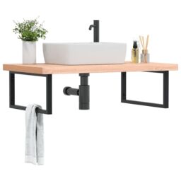 Berkfield Home Basin Shelf Wall Mounted Steel & Solid Wood Beech in Brown - thumbnail 1