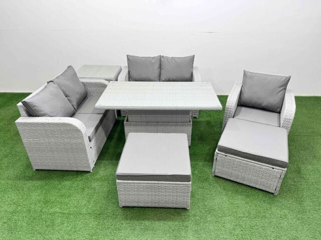 Fimous High Back Poly Rattan Garden Furniture Set w/ Reclining Chair Loveseat Sofa Adjustable Lifting Dining or Coffee Table Indoor Outdoor Patio Set - image 1
