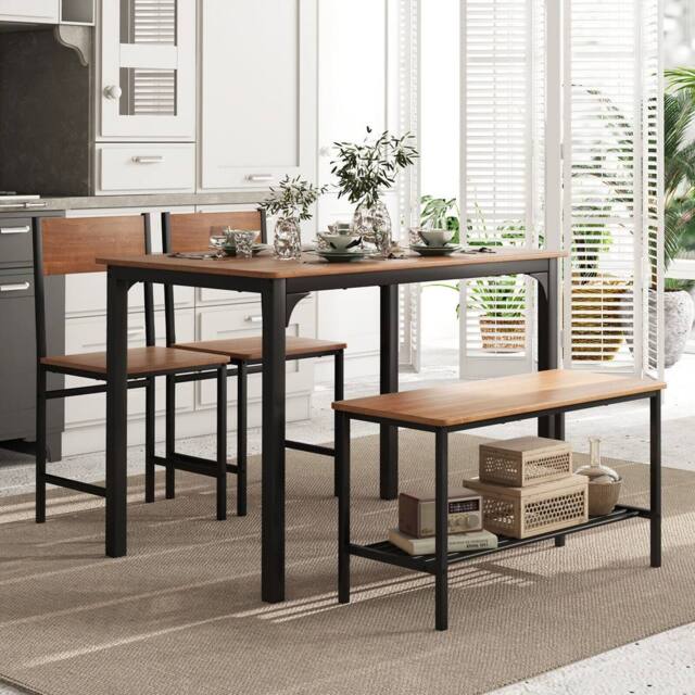 Costway 4-Piece Dining Table Set Space-Saving Kitchen Table & Bench in Brown - image 1
