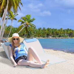 OUTSUNNY 2 Pieces Outdoor Beach Mat, Reclining Chair Set w/ Pillow Cream - thumbnail 1