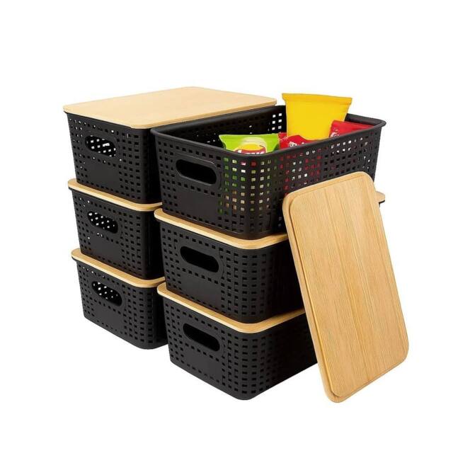 VOGREX 6 Pcs Black Plastic Storage Bins Stackable Bamboo Lids Kitchen Bath - image 1