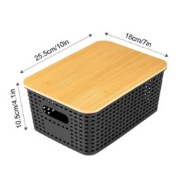 VOGREX 6 Pcs Black Plastic Storage Bins Stackable Bamboo Lids Kitchen Bath - thumbnail 2