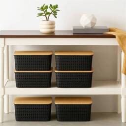 VOGREX 6 Pcs Black Plastic Storage Bins Stackable Bamboo Lids Kitchen Bath - thumbnail 3