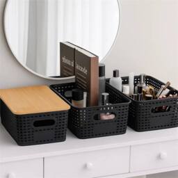 VOGREX 6 Pcs Black Plastic Storage Bins Stackable Bamboo Lids Kitchen Bath - thumbnail 5