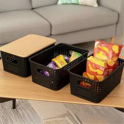 VOGREX 6 Pcs Black Plastic Storage Bins Stackable Bamboo Lids Kitchen Bath - thumbnail 6