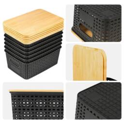VOGREX 6 Pcs Black Plastic Storage Bins Stackable Bamboo Lids Kitchen Bath - thumbnail 4